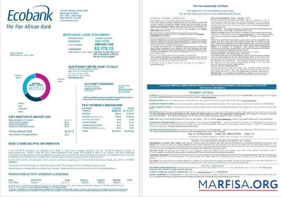 Realistic Togo Ecobank Bank mortgage loan statement in Word and PDF formats , 4 pages 1 2 download for verification